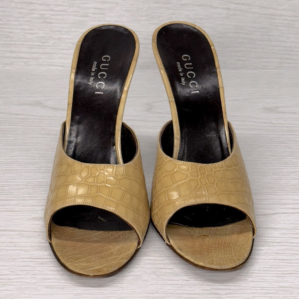GUCCI Women's Tan Croc-Embossed Stiletto Mules Heels